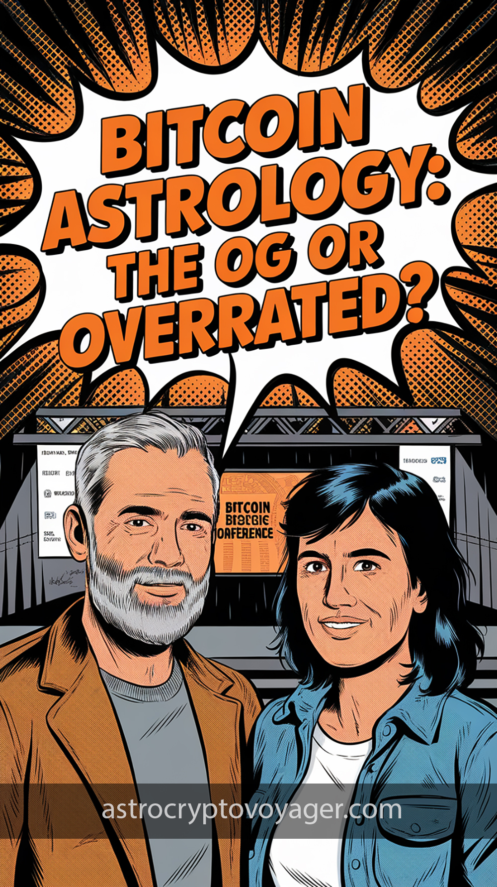 Comic book style, black and white with orange accents: Text on the image: "Bitcoin Astrology The OG or Overrated"